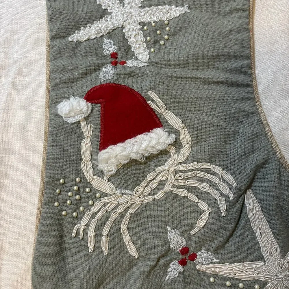 Pier 1 Imports Christmas Stocking Coastal Starfish Santa Hat Embroidered Beaded